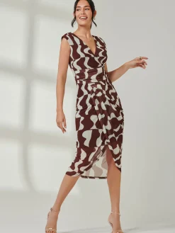 Mesh Wrap Ruched Bodycon Dress, Brown Pattern