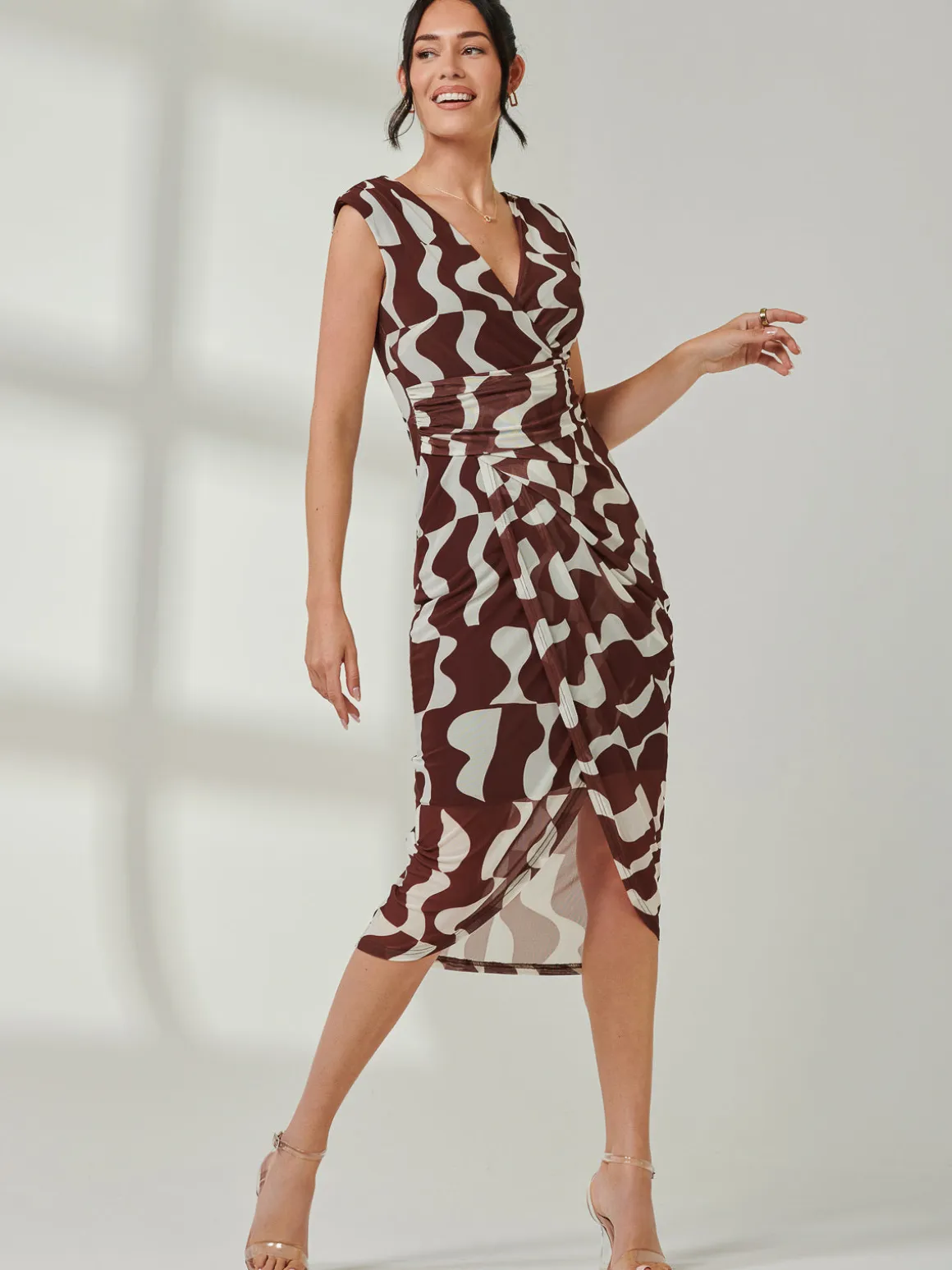 Mesh Wrap Ruched Bodycon Dress, Brown Pattern