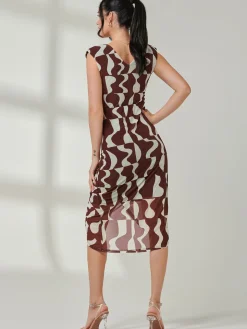 Mesh Wrap Ruched Bodycon Dress, Brown Pattern