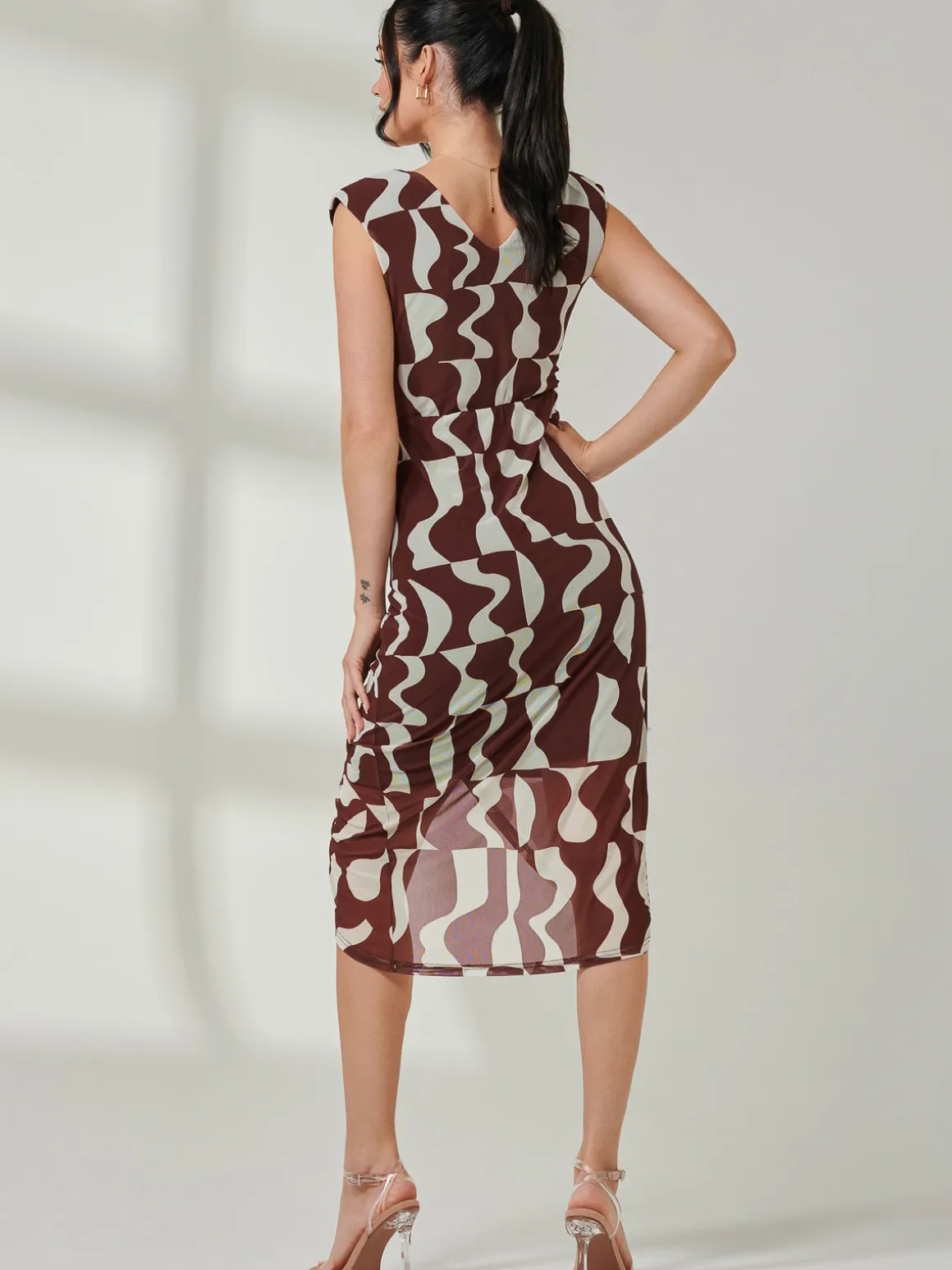 Mesh Wrap Ruched Bodycon Dress, Brown Pattern
