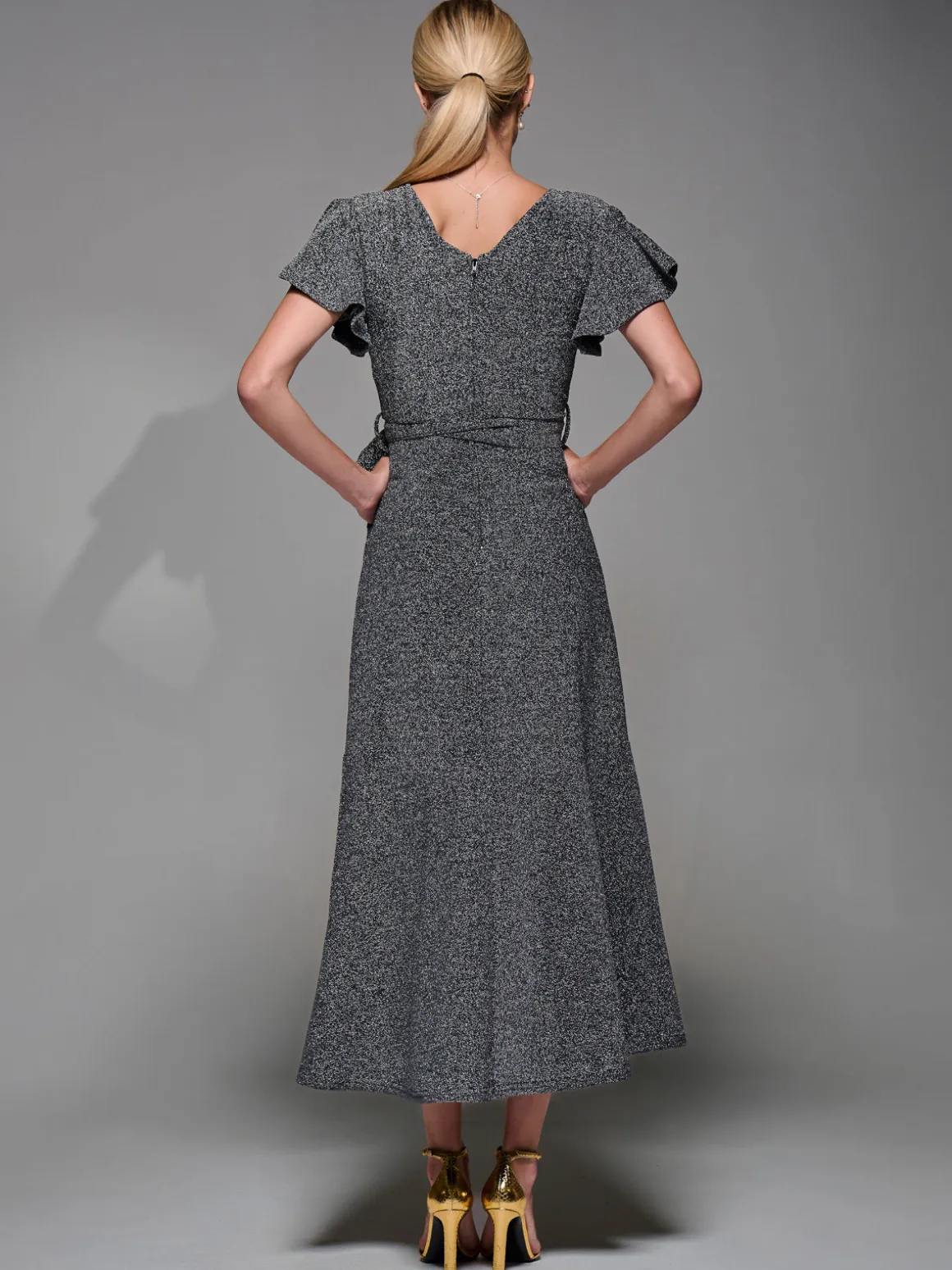 Metalic Angel Sleeve Wrap Maxi Dress Black Silver