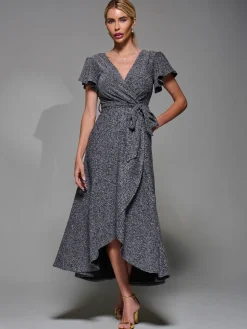 Metalic Angel Sleeve Wrap Maxi Dress Black Silver