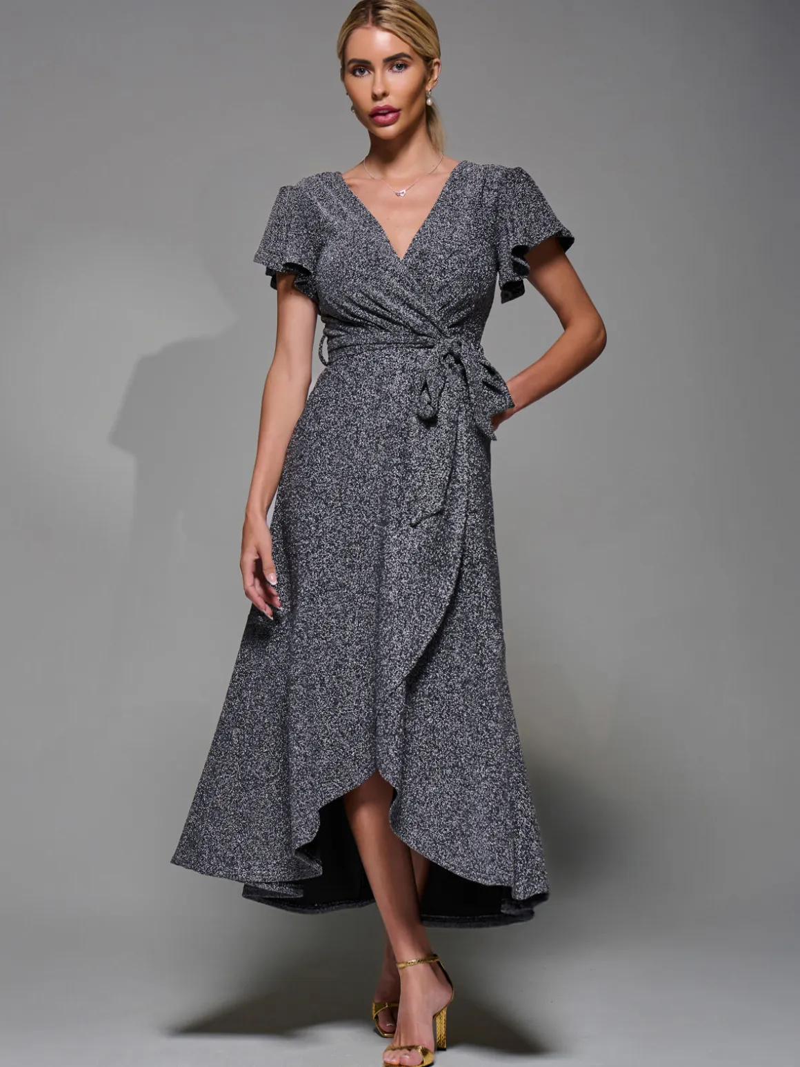 Metalic Angel Sleeve Wrap Maxi Dress Black Silver