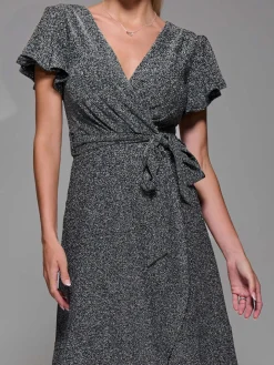 Metalic Angel Sleeve Wrap Maxi Dress Black Silver