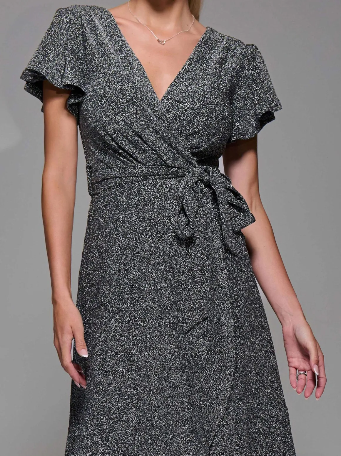 Metalic Angel Sleeve Wrap Maxi Dress Black Silver