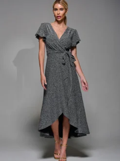 Metalic Angel Sleeve Wrap Maxi Dress Black Silver