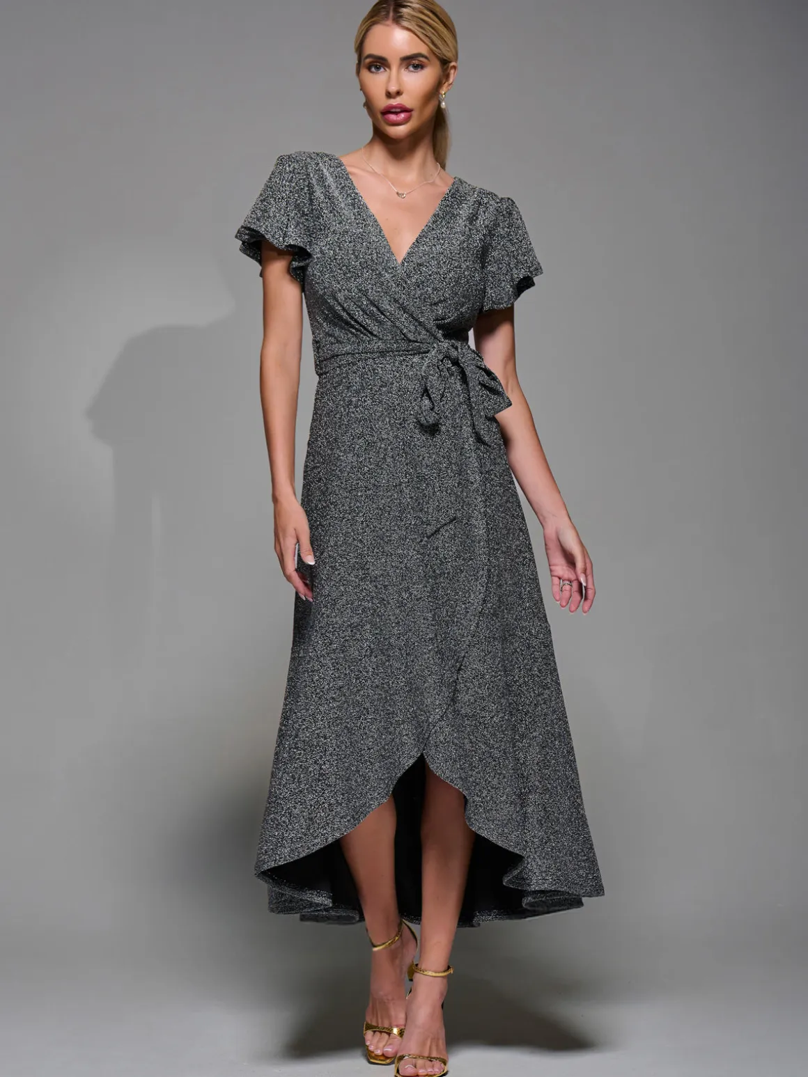 Metalic Angel Sleeve Wrap Maxi Dress Black Silver