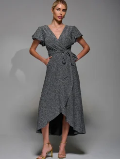 Metalic Angel Sleeve Wrap Maxi Dress Black Silver
