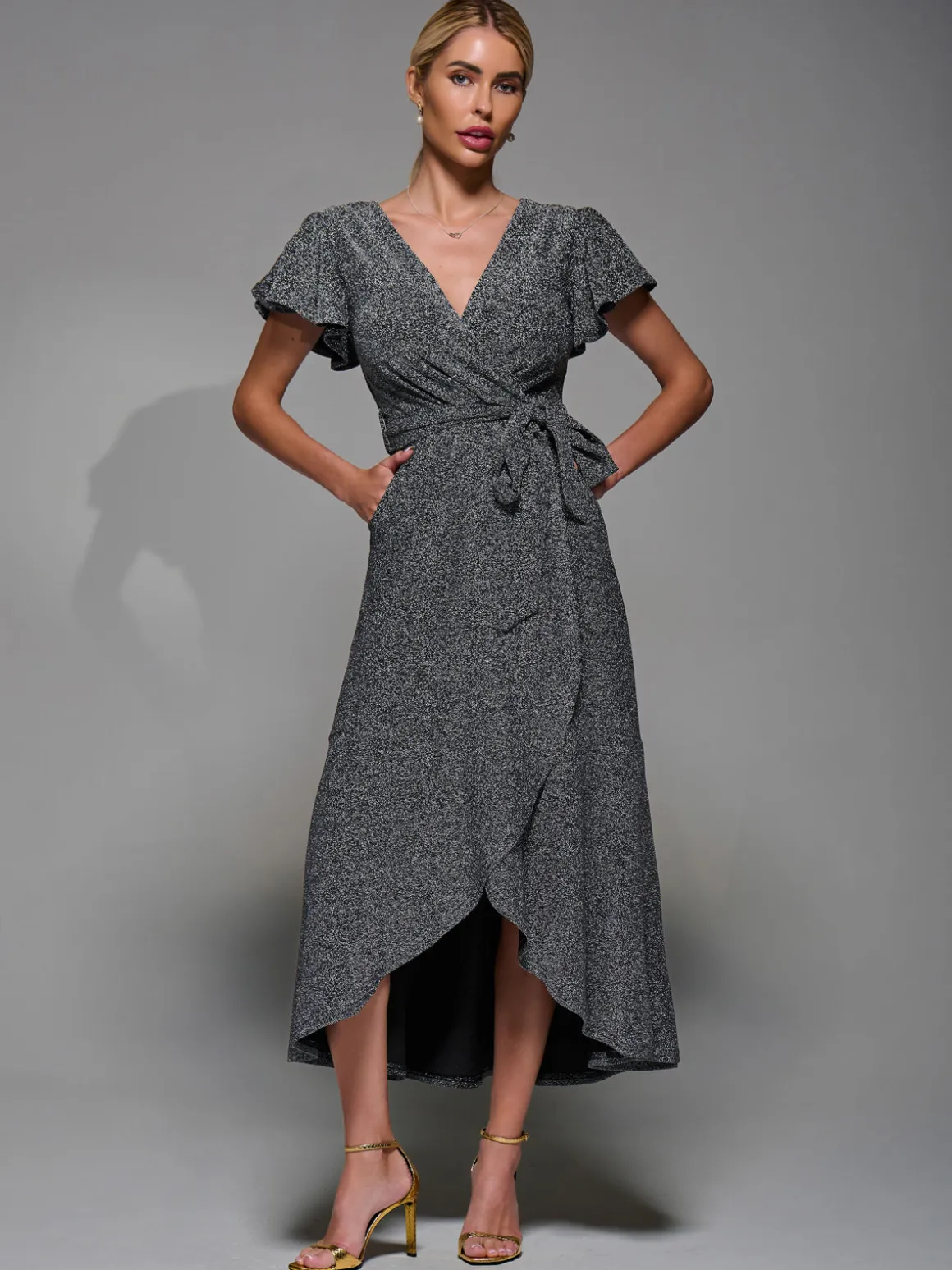 Metalic Angel Sleeve Wrap Maxi Dress Black Silver
