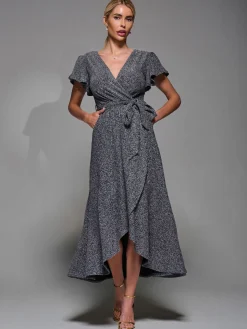 Metalic Angel Sleeve Wrap Maxi Dress Black Silver