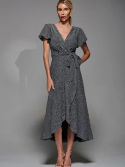 Metalic Angel Sleeve Wrap Maxi Dress Black Silver