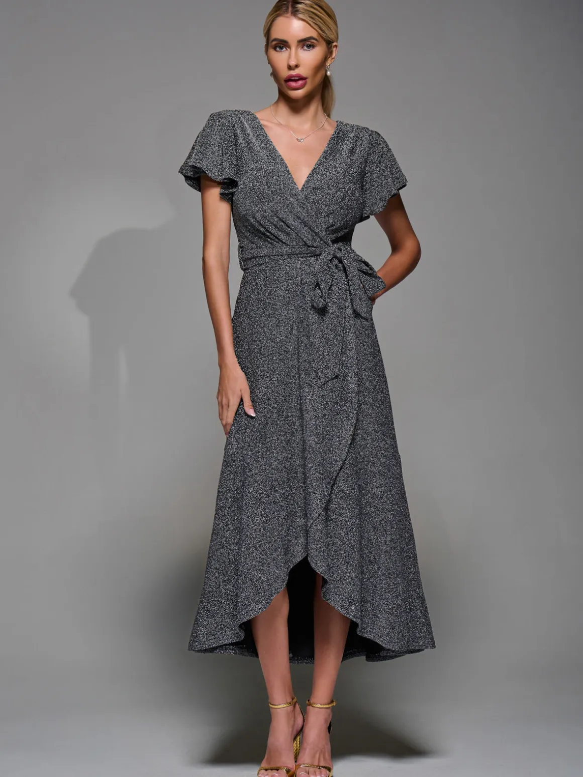 Metalic Angel Sleeve Wrap Maxi Dress Black Silver