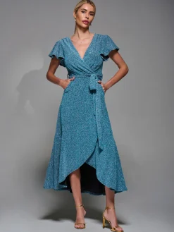Metalic Angel Sleeve Wrap Maxi Dress Blue / Silver