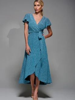 Metalic Angel Sleeve Wrap Maxi Dress Blue / Silver