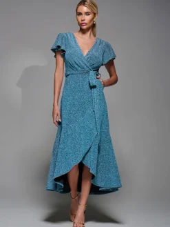 Metalic Angel Sleeve Wrap Maxi Dress Blue / Silver