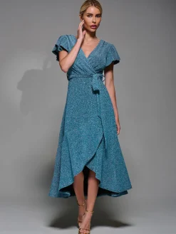 Metalic Angel Sleeve Wrap Maxi Dress Blue / Silver