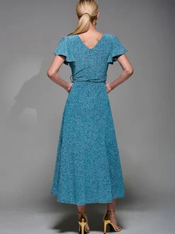 Metalic Angel Sleeve Wrap Maxi Dress Blue / Silver