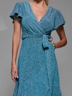 Metalic Angel Sleeve Wrap Maxi Dress Blue / Silver