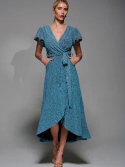 Metalic Angel Sleeve Wrap Maxi Dress Blue / Silver