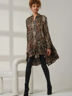 Metallic Dot Asymmetric Hem Shirt, Animal Multi