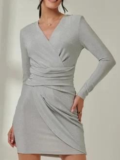 Metallic Draped Knee Length Dress, Silver