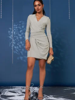 Metallic Draped Knee Length Dress, Silver