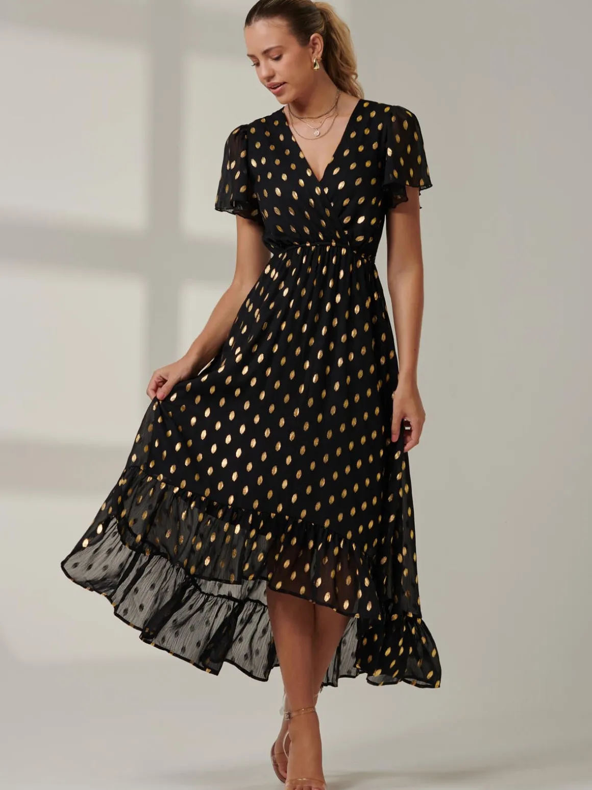 Metallic Effect Angel Sleeve Maxi Dress, Black/Gold