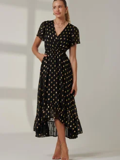 Metallic Effect Angel Sleeve Maxi Dress, Black/Gold