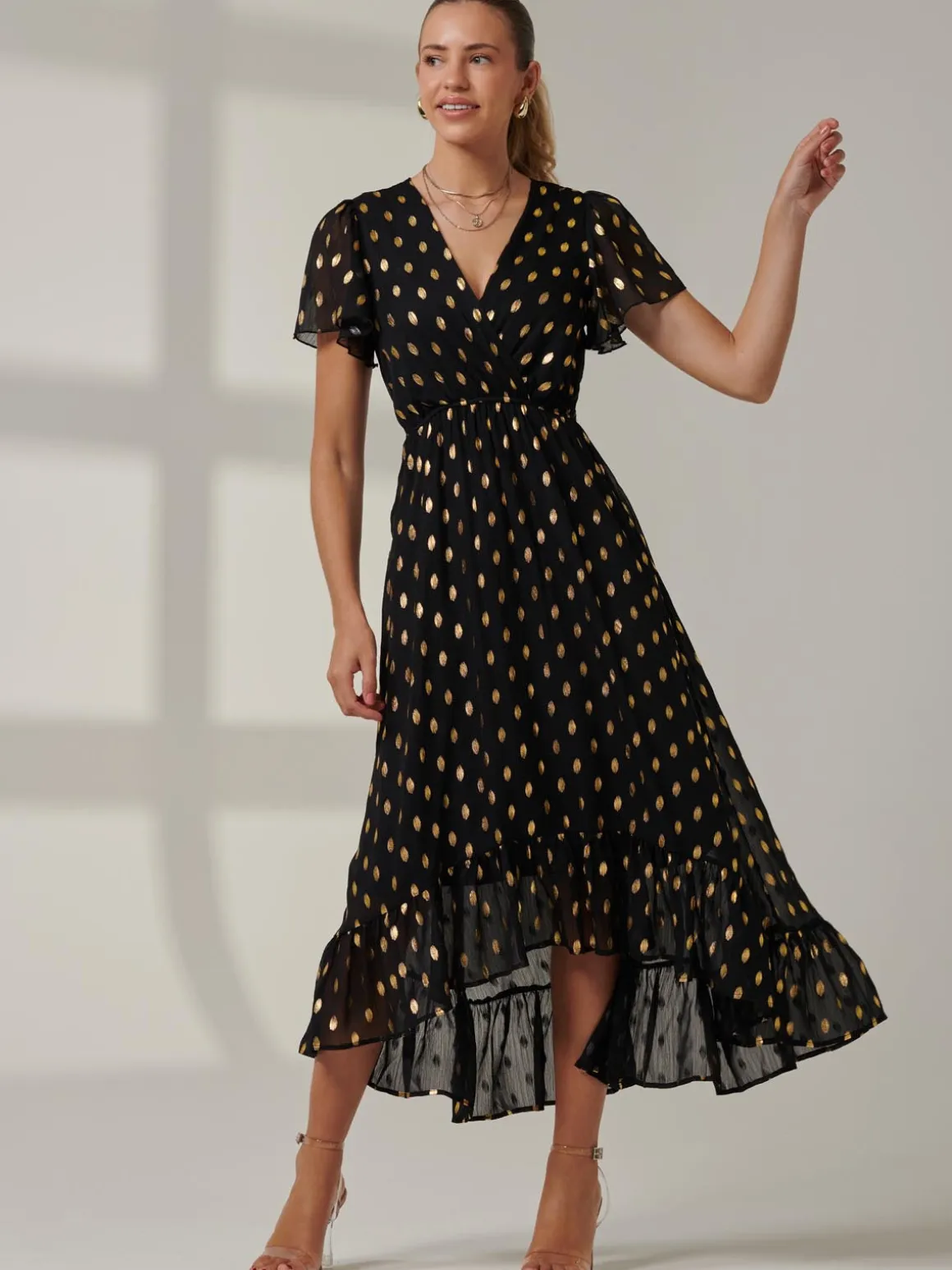 Metallic Effect Angel Sleeve Maxi Dress, Black/Gold