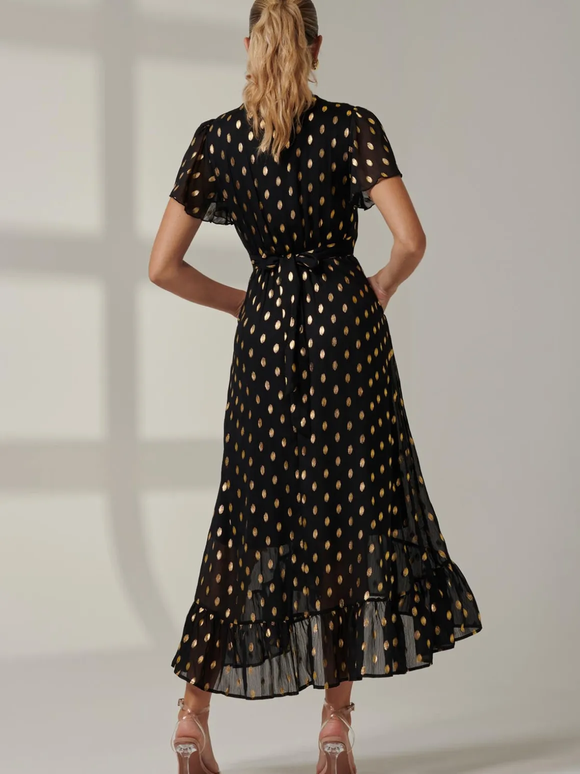 Metallic Effect Angel Sleeve Maxi Dress, Black/Gold