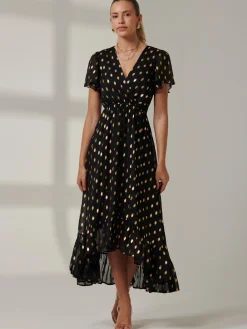 Metallic Effect Angel Sleeve Maxi Dress, Black/Gold