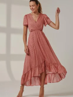 Metallic Effect Angel Sleeve Maxi Dress, Coral/Gold