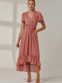 Metallic Effect Angel Sleeve Maxi Dress, Coral/Gold