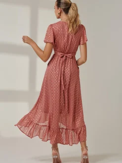 Metallic Effect Angel Sleeve Maxi Dress, Coral/Gold