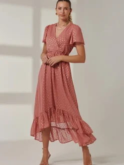 Metallic Effect Angel Sleeve Maxi Dress, Coral/Gold