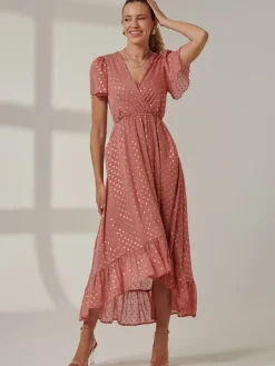 Metallic Effect Angel Sleeve Maxi Dress, Coral/Gold