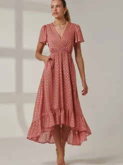 Metallic Effect Angel Sleeve Maxi Dress, Coral/Gold