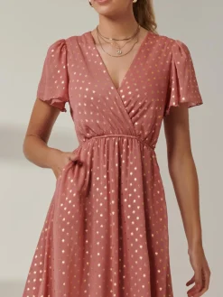 Metallic Effect Angel Sleeve Maxi Dress, Coral/Gold