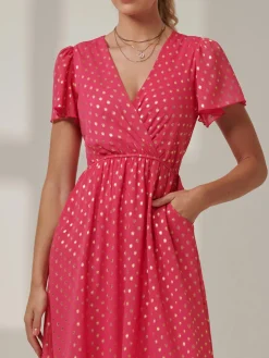 Metallic Effect Angel Sleeve Maxi Dress, Fuschia/Gold