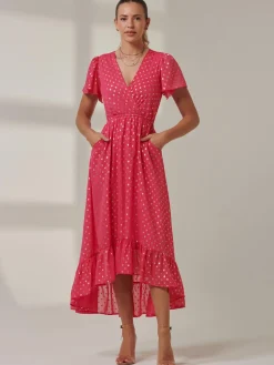 Metallic Effect Angel Sleeve Maxi Dress, Fuschia/Gold