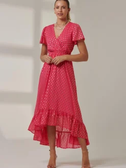 Metallic Effect Angel Sleeve Maxi Dress, Fuschia/Gold