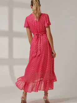 Metallic Effect Angel Sleeve Maxi Dress, Fuschia/Gold