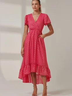 Metallic Effect Angel Sleeve Maxi Dress, Fuschia/Gold