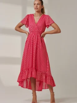 Metallic Effect Angel Sleeve Maxi Dress, Fuschia/Gold