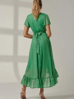 Metallic Effect Angel Sleeve Maxi Dress, Green/Gold