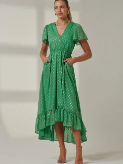 Metallic Effect Angel Sleeve Maxi Dress, Green/Gold