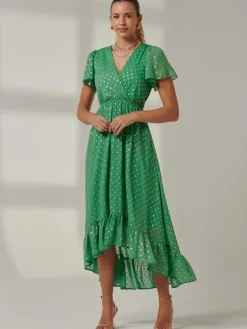 Metallic Effect Angel Sleeve Maxi Dress, Green/Gold