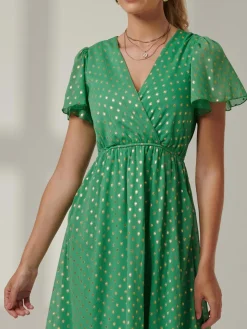 Metallic Effect Angel Sleeve Maxi Dress, Green/Gold