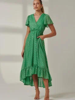 Metallic Effect Angel Sleeve Maxi Dress, Green/Gold