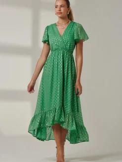 Metallic Effect Angel Sleeve Maxi Dress, Green/Gold